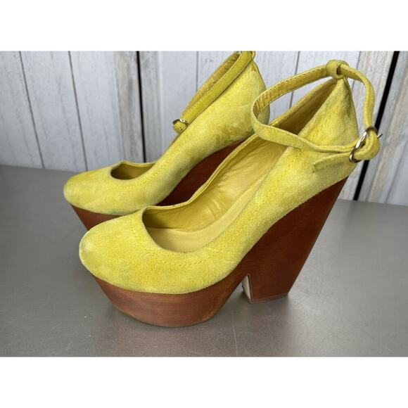 Top Shop Platform Heels Women Suede & Wood Bright Yellow Pin Up Size US 5 - Picture 1 of 10